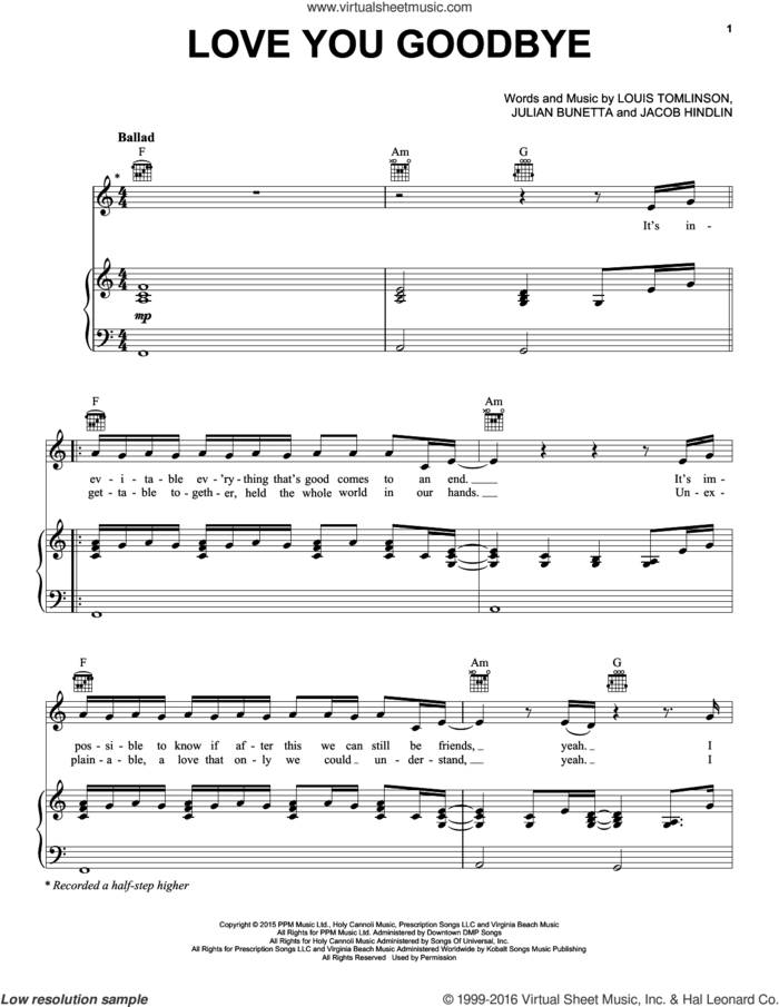 Love You Goodbye sheet music for voice, piano or guitar by One Direction, Jacob Hindlin, Julian Bunetta and Louis Tomlinson, intermediate skill level