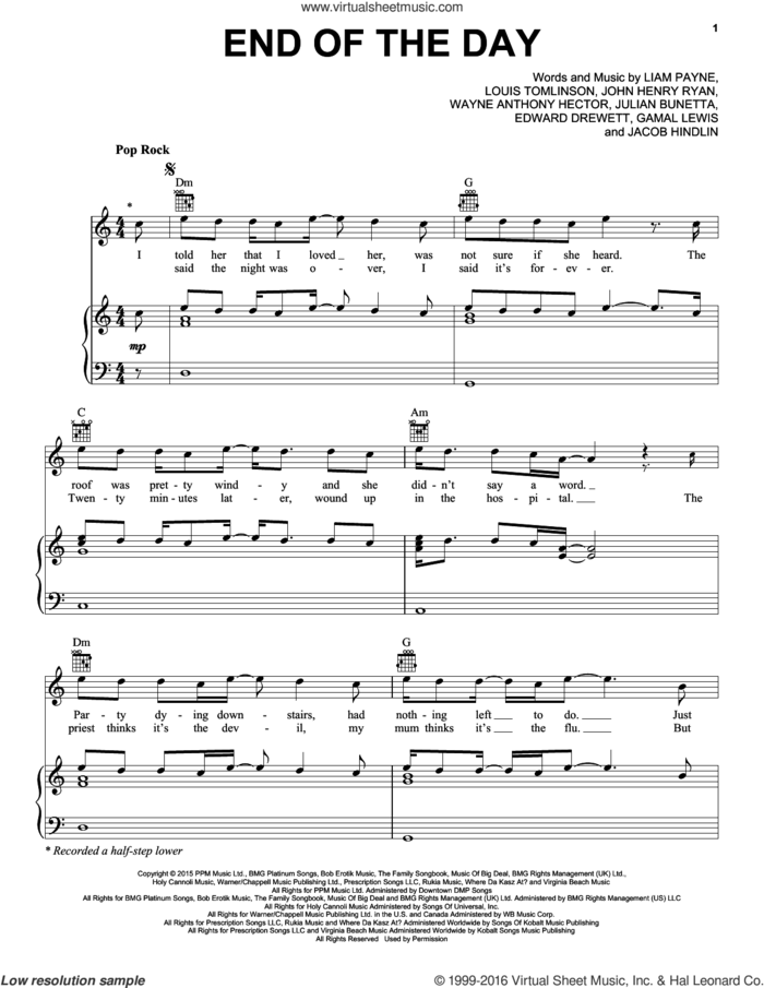 End Of The Day sheet music for voice, piano or guitar by One Direction, Edward Drewett, Gamal Lewis, Jacob Hindlin, John Henry Ryan, Julian Bunetta, Liam Payne, Louis Tomlinson and Wayne Hector, intermediate skill level