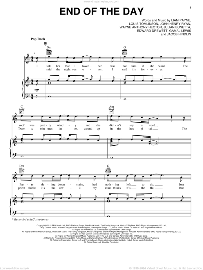 End Of The Day sheet music for voice, piano or guitar by One Direction, Edward Drewett, Gamal Lewis, Jacob Hindlin, John Henry Ryan, Julian Bunetta, Liam Payne, Louis Tomlinson and Wayne Hector, intermediate skill level