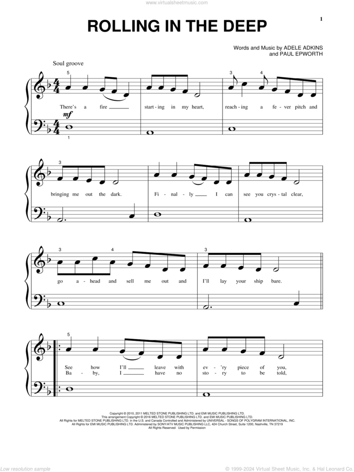 Rolling In The Deep sheet music for piano solo by Adele, Adele Adkins and Paul Epworth, beginner skill level