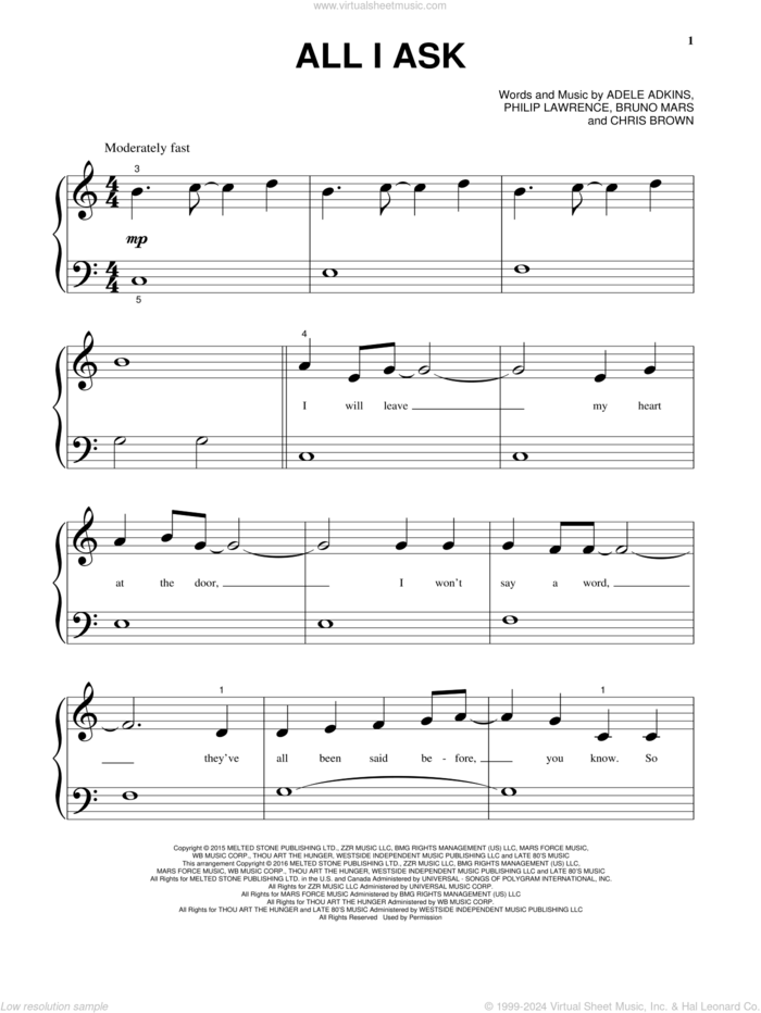 All I Ask, (beginner) sheet music for piano solo by Adele, Adele Adkins, Bruno Mars, Chris Brown and Philip Lawrence, beginner skill level