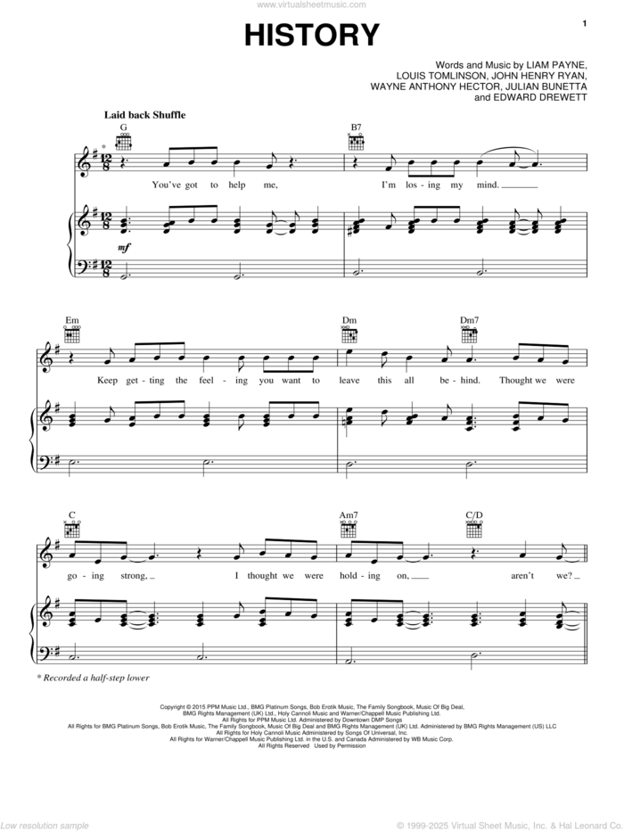 History sheet music for voice, piano or guitar by One Direction, Edward Drewett, John Henry Ryan, Julian Bunetta, Liam Payne, Louis Tomlinson and Wayne Hector, intermediate skill level