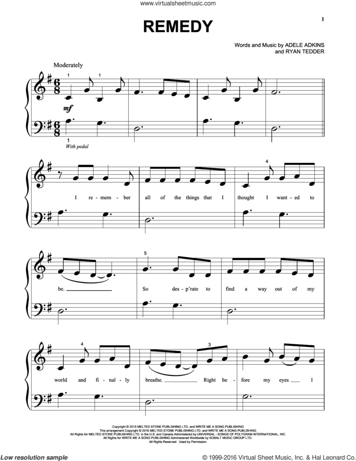 Remedy sheet music for piano solo (big note book) by Adele, Adele Adkins and Ryan Tedder, easy piano (big note book)