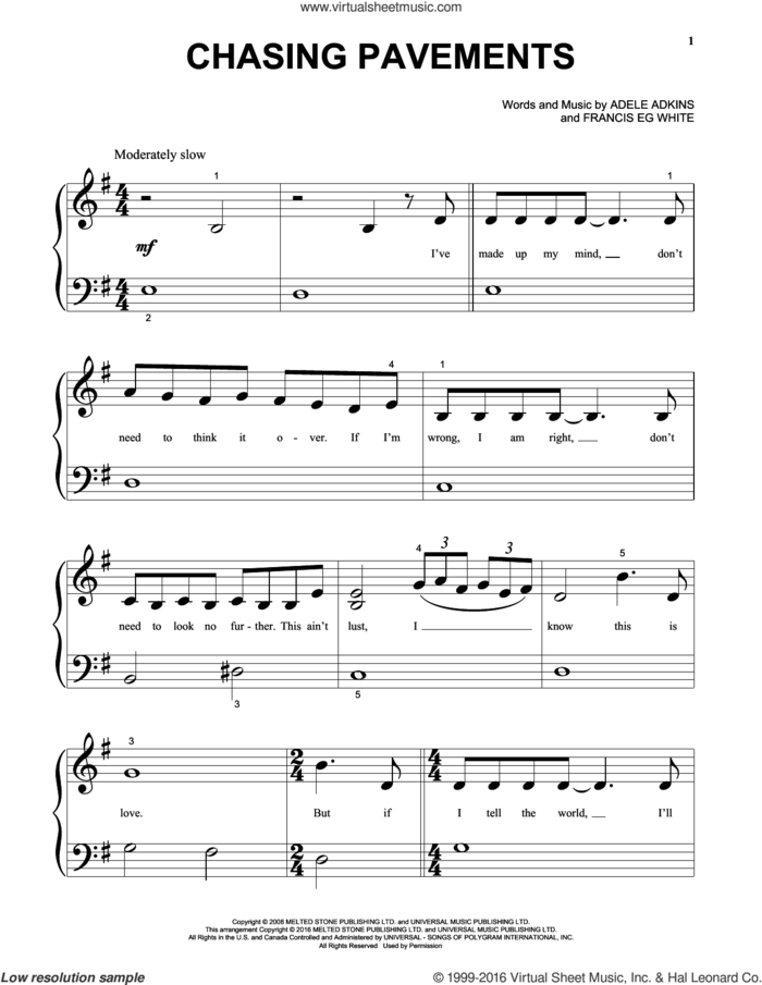 Chasing Pavements sheet music for piano solo (big note book) by Adele, Adele Adkins and Francis White, easy piano (big note book)
