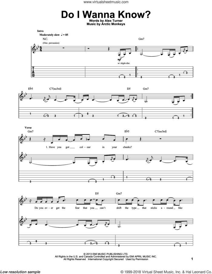 Do I Wanna Know? sheet music for guitar (tablature, play-along) by Arctic Monkeys and Alex Turner, intermediate skill level