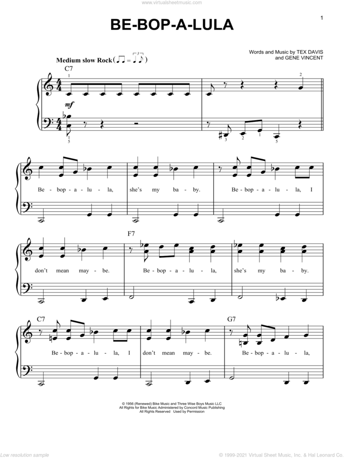 Be-Bop-A-Lula sheet music for piano solo by Gene Vincent and Tex Davis, beginner skill level