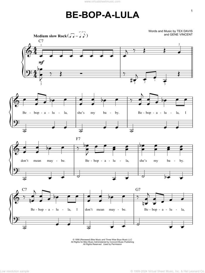 Be-Bop-A-Lula sheet music for piano solo by Gene Vincent and Tex Davis, beginner skill level