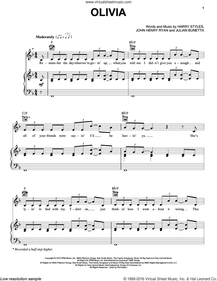 Olivia sheet music for voice, piano or guitar by One Direction, Harry Styles, John Henry Ryan and Julian Bunetta, intermediate skill level