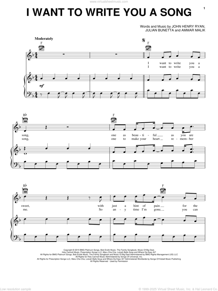 I Want To Write You A Song sheet music for voice, piano or guitar by One Direction, Ammar Malik, John Henry Ryan and Julian Bunetta, intermediate skill level