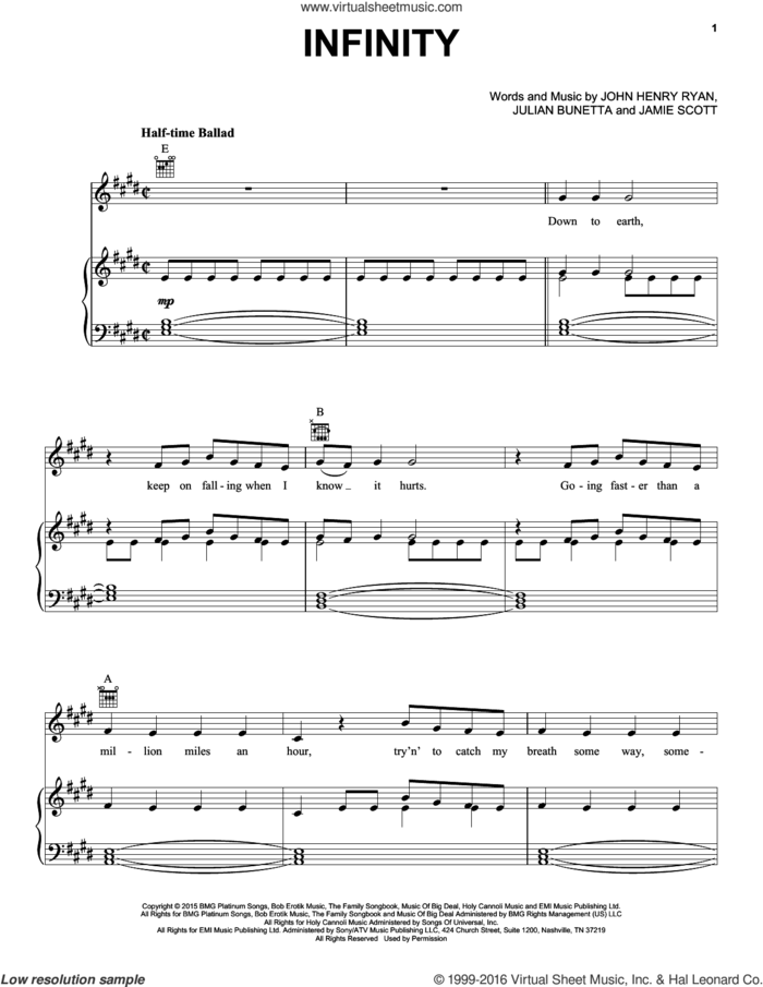 Infinity sheet music for voice, piano or guitar by One Direction, Jamie Scott, John Henry Ryan and Julian Bunetta, intermediate skill level