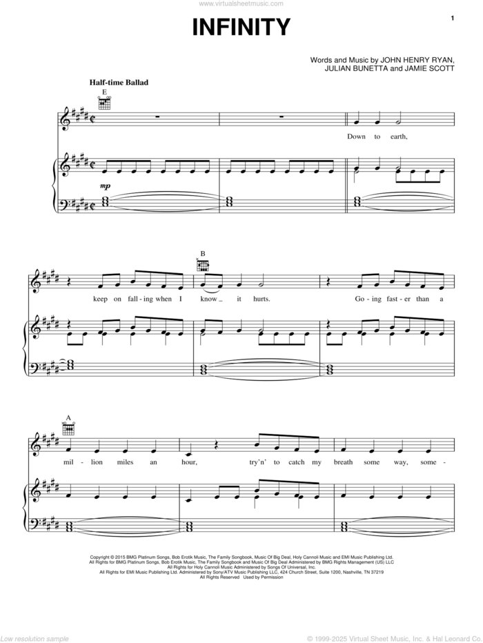 Infinity sheet music for voice, piano or guitar by One Direction, Jamie Scott, John Henry Ryan and Julian Bunetta, intermediate skill level