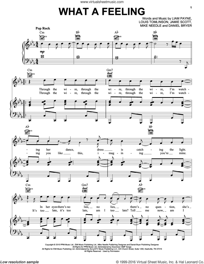 What A Feeling sheet music for voice, piano or guitar by One Direction, Daniel Bryer, Jamie Scott, Liam Payne, Louis Tomlinson and Mike Needle, intermediate skill level
