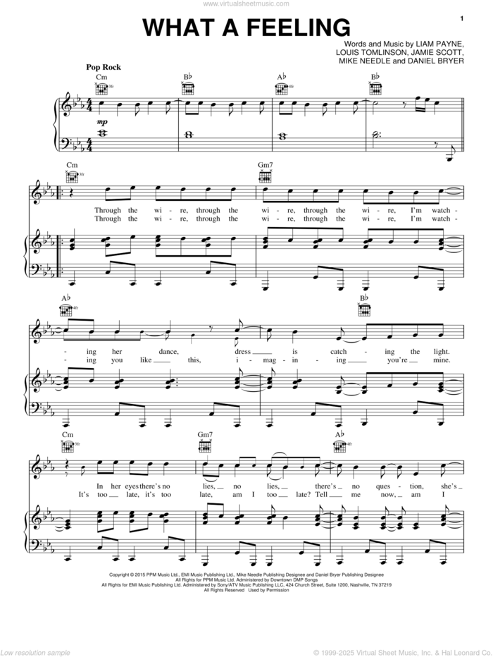 What A Feeling sheet music for voice, piano or guitar by One Direction, Daniel Bryer, Jamie Scott, Liam Payne, Louis Tomlinson and Mike Needle, intermediate skill level