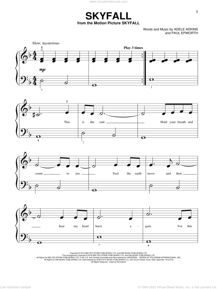 Skyfall sheet music for piano solo by Adele, Adele Adkins and Paul Epworth, beginner skill level