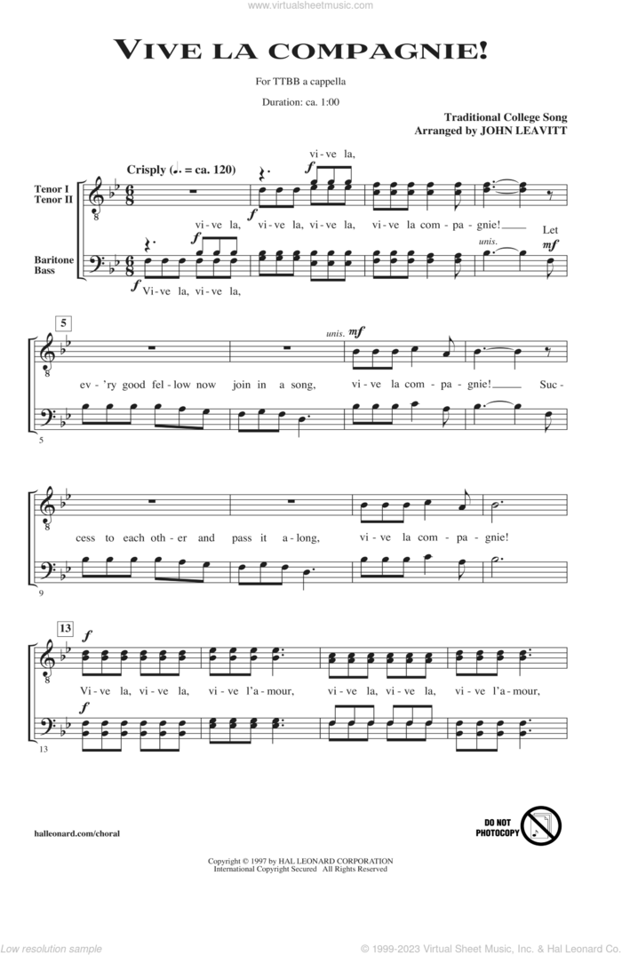 Vive La Compagnie! sheet music for choir (TTBB: tenor, bass) by John Leavitt, intermediate skill level