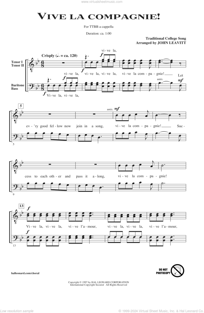 Vive La Compagnie! sheet music for choir (TTBB: tenor, bass) by John Leavitt, intermediate skill level