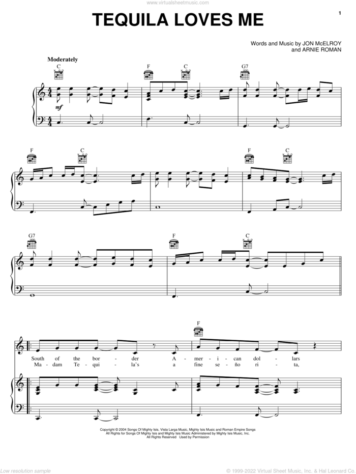 Tequila Loves Me sheet music for voice, piano or guitar by Kenny Chesney, Arnie Roman and Jon McElroy, intermediate skill level