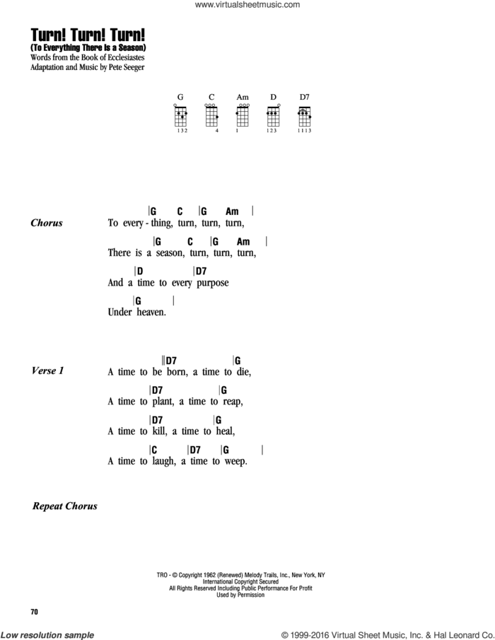 Turn! Turn! Turn! (To Everything There Is A Season) sheet music for ukulele (chords) by The Byrds, Book of Ecclesiastes and Pete Seeger, intermediate skill level