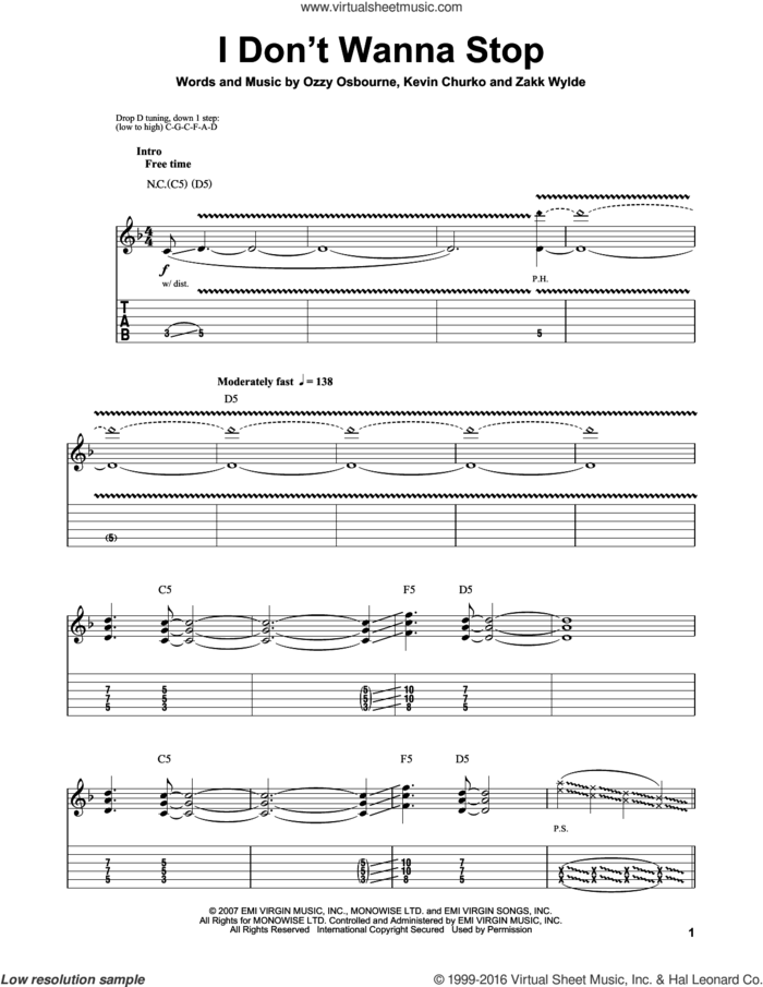 I Don't Wanna Stop sheet music for guitar (tablature, play-along) by Ozzy Osbourne, Kevin Churko and Zakk Wylde, intermediate skill level