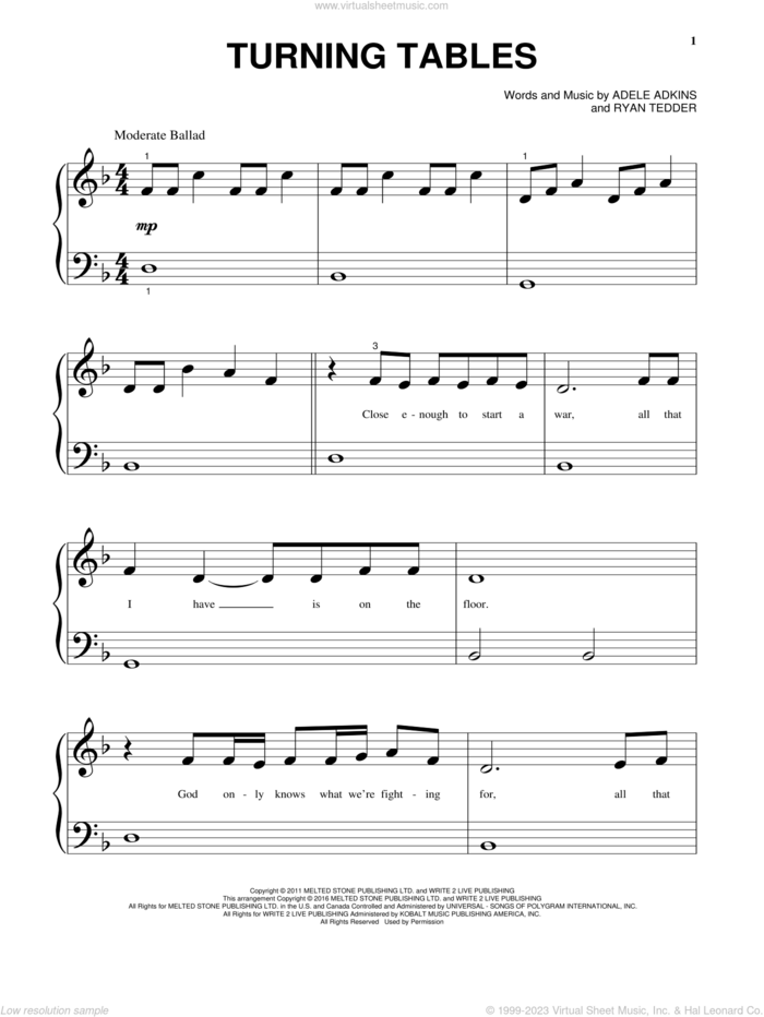 Turning Tables, (beginner) sheet music for piano solo by Adele, Adele Adkins and Ryan Tedder, beginner skill level