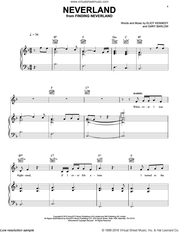 Neverland sheet music for voice, piano or guitar by Gary Barlow & Eliot Kennedy, Eliot Kennedy and Gary Barlow, intermediate skill level