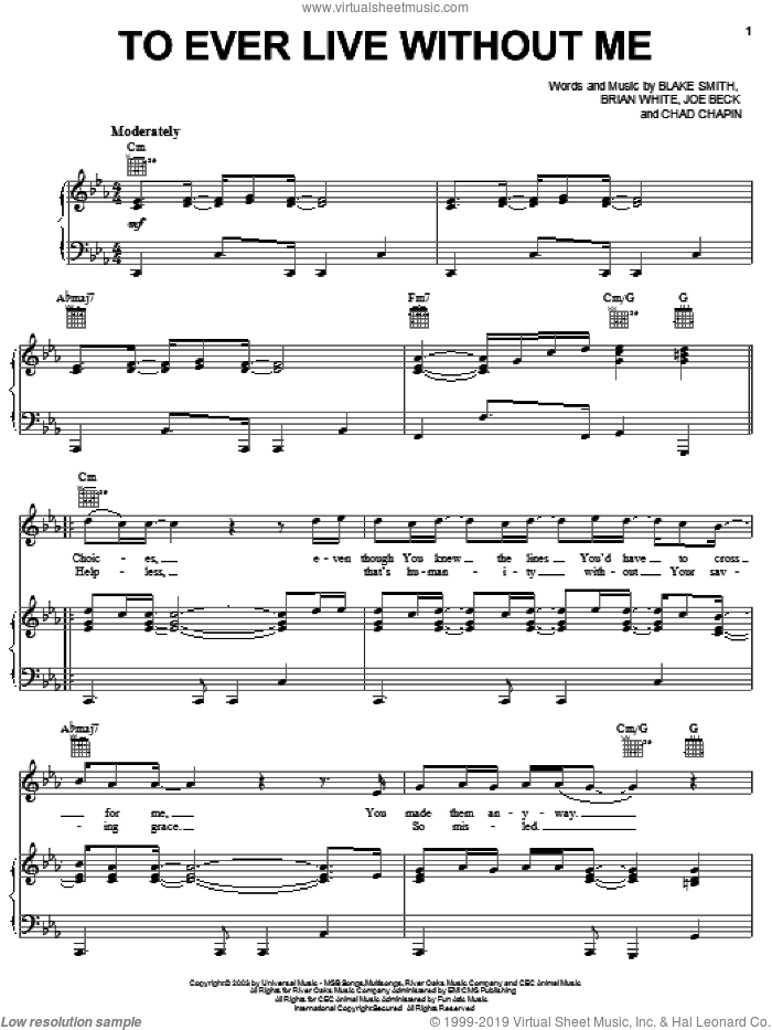 To Ever Live Without Me sheet music for voice, piano or guitar by Jody McBrayer, Blake Smith, Bryan White, Chad Chapin and Joe Beck, intermediate skill level