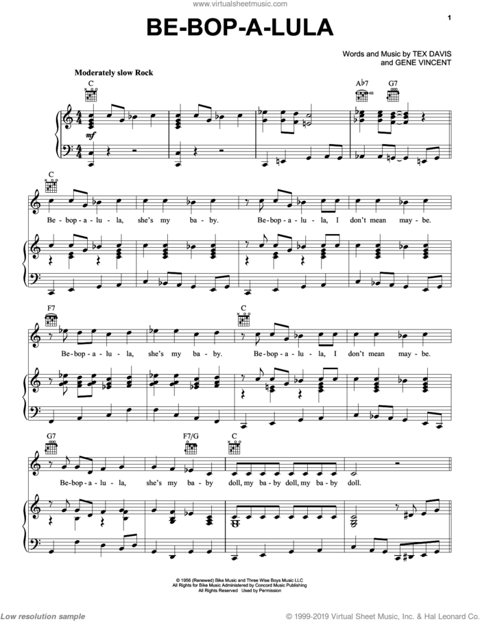 Be-Bop-A-Lula sheet music for voice, piano or guitar by Gene Vincent and Tex Davis, intermediate skill level