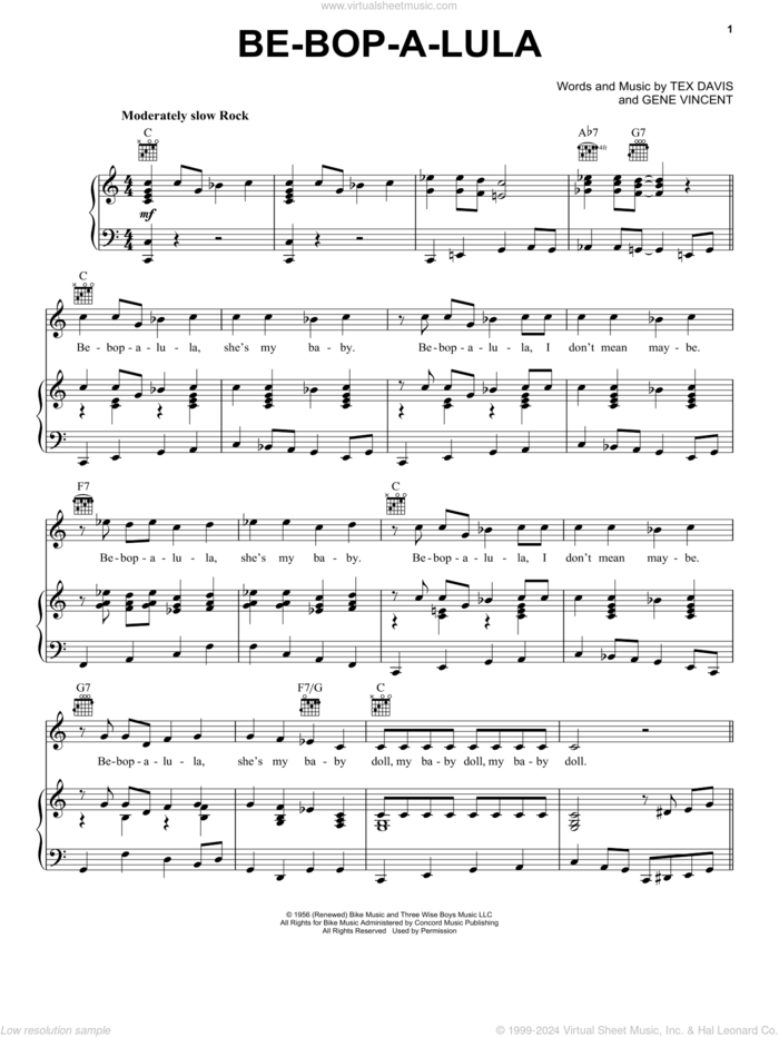 Be-Bop-A-Lula sheet music for voice, piano or guitar by Gene Vincent and Tex Davis, intermediate skill level