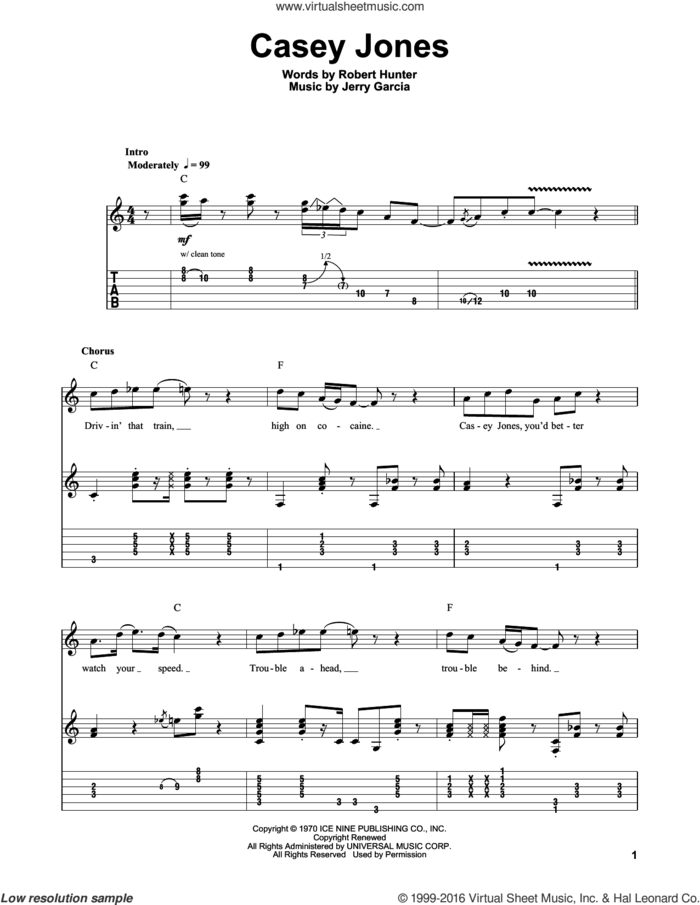 Casey Jones sheet music for guitar (tablature, play-along) by Grateful Dead, Jerry Garcia and Robert Hunter, intermediate skill level
