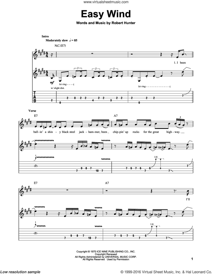 Easy Wind sheet music for guitar (tablature, play-along) by Grateful Dead and Robert Hunter, intermediate skill level