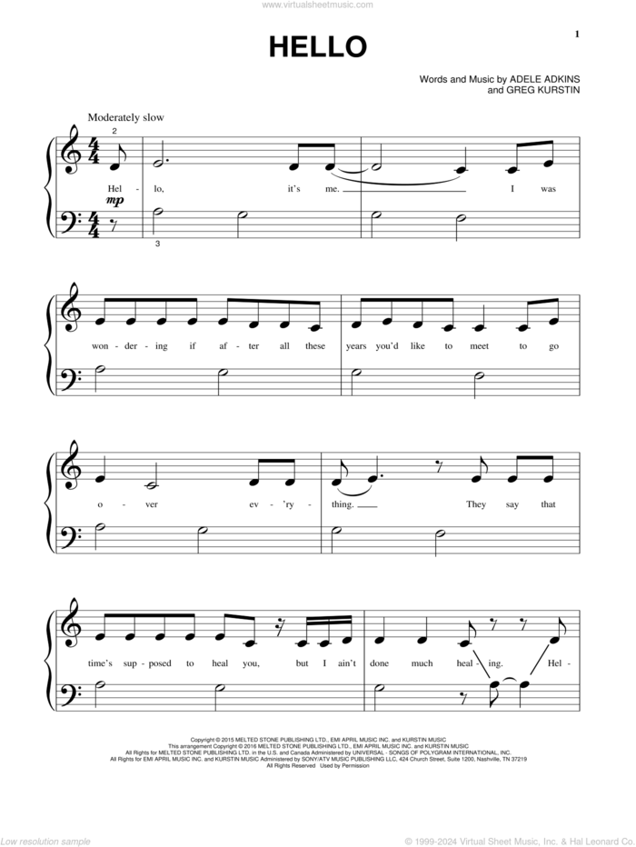 Hello sheet music for piano solo by Adele, Adele Adkins and Greg Kurstin, beginner skill level