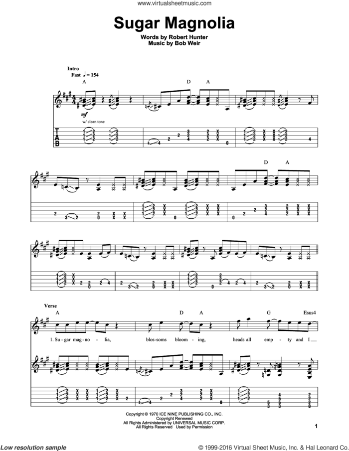 Sugar Magnolia sheet music for guitar (tablature, play-along) by Grateful Dead and Bob Weir, intermediate skill level