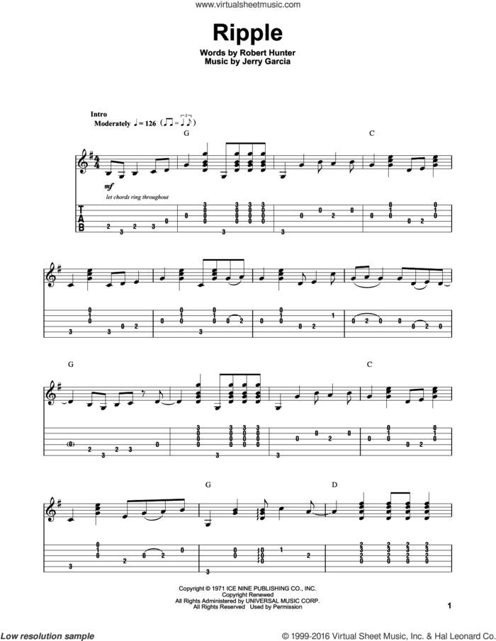 Ripple sheet music for guitar (tablature, play-along) by Grateful Dead, Jerry Garcia and Robert Hunter, intermediate skill level