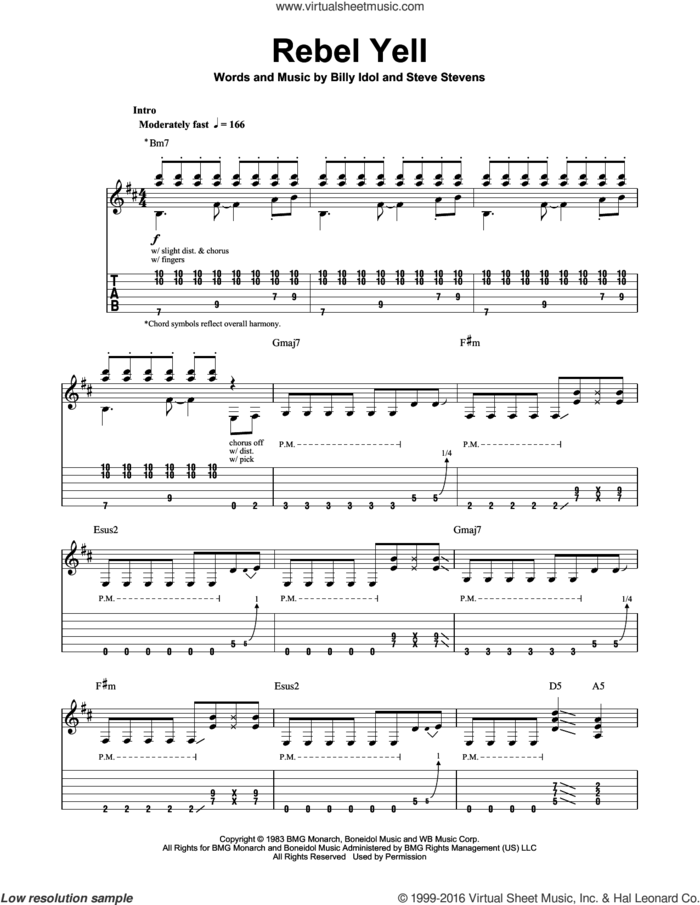 Rebel Yell sheet music for guitar (tablature, play-along) by Billy Idol and Steve Stevens, intermediate skill level