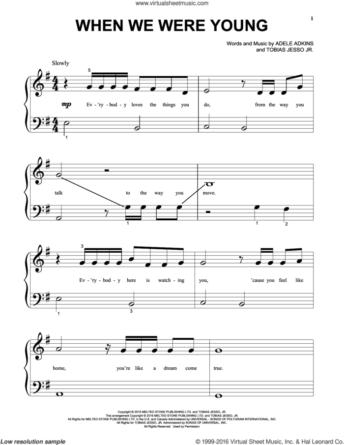 When We Were Young, (beginner) sheet music for piano solo by Adele, Adele Adkins and Tobias Jesso Jr., beginner skill level