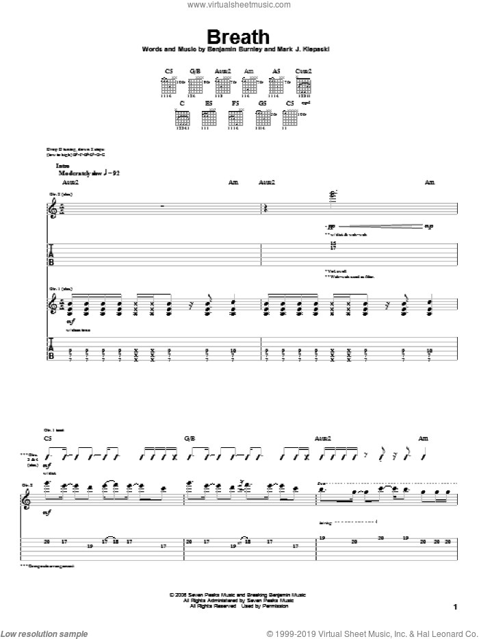 Breath sheet music for guitar (tablature) by Breaking Benjamin, Benjamin Burnley and Mark J. Klepaski, intermediate skill level