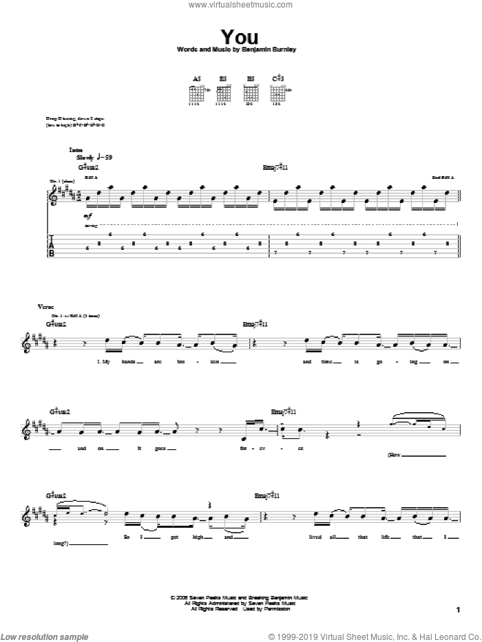 You sheet music for guitar (tablature) by Breaking Benjamin and Benjamin Burnley, intermediate skill level