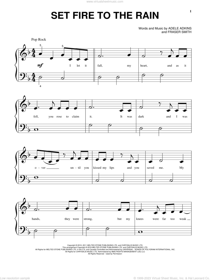 Set Fire To The Rain sheet music for piano solo by Adele, Adele Adkins and Fraser T. Smith, beginner skill level