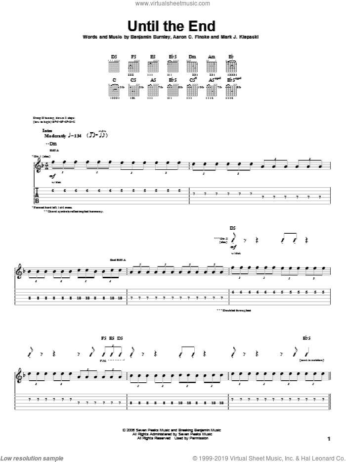 Until The End sheet music for guitar (tablature) by Breaking Benjamin, Aaron C. Fincke, Benjamin Burnley and Mark J. Klepaski, intermediate skill level