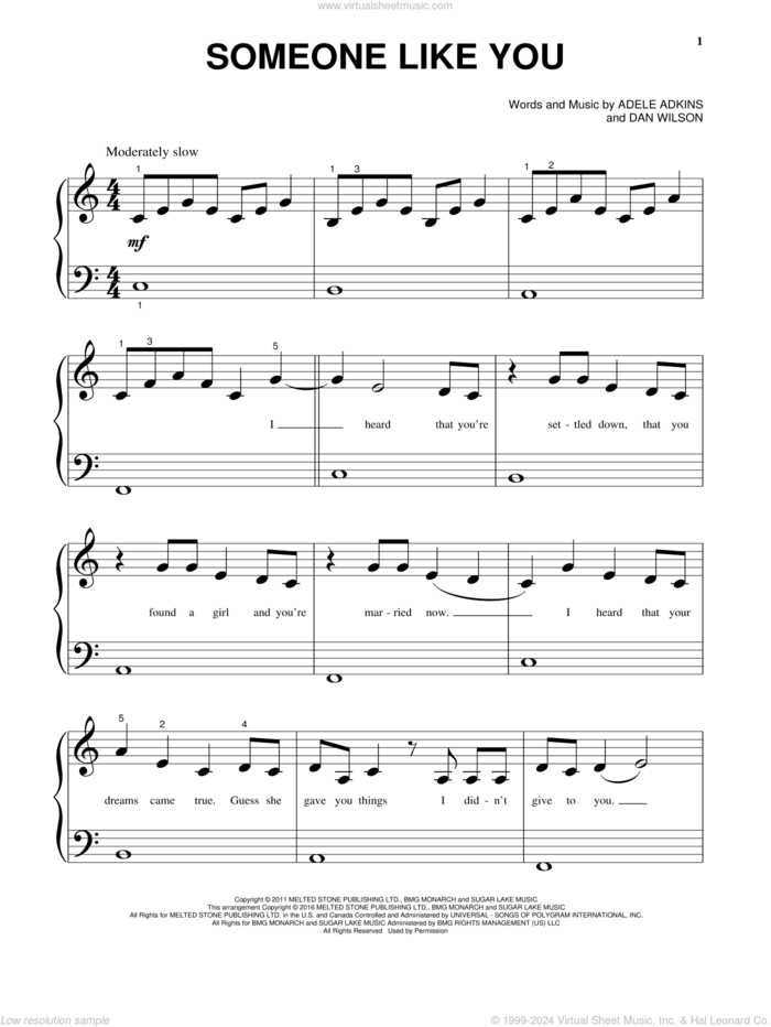 Someone Like You sheet music for piano solo by Adele, Adele Adkins and Dan Wilson, beginner skill level