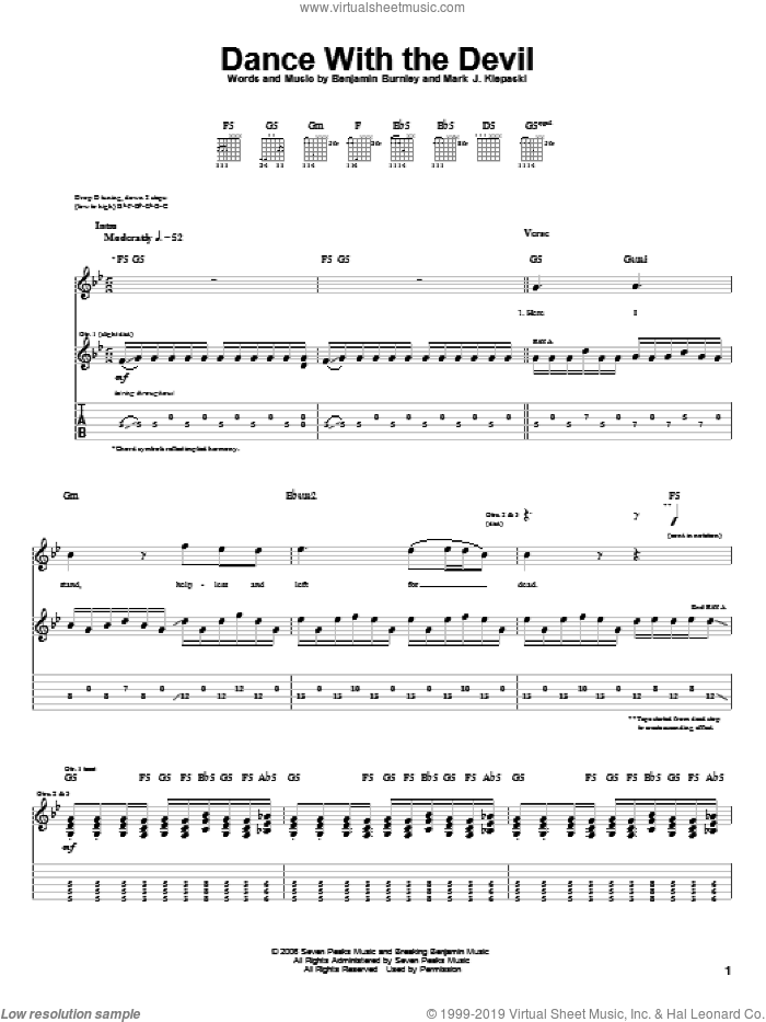 Dance With The Devil sheet music for guitar (tablature) by Breaking Benjamin, Benjamin Burnley and Mark J. Klepaski, intermediate skill level