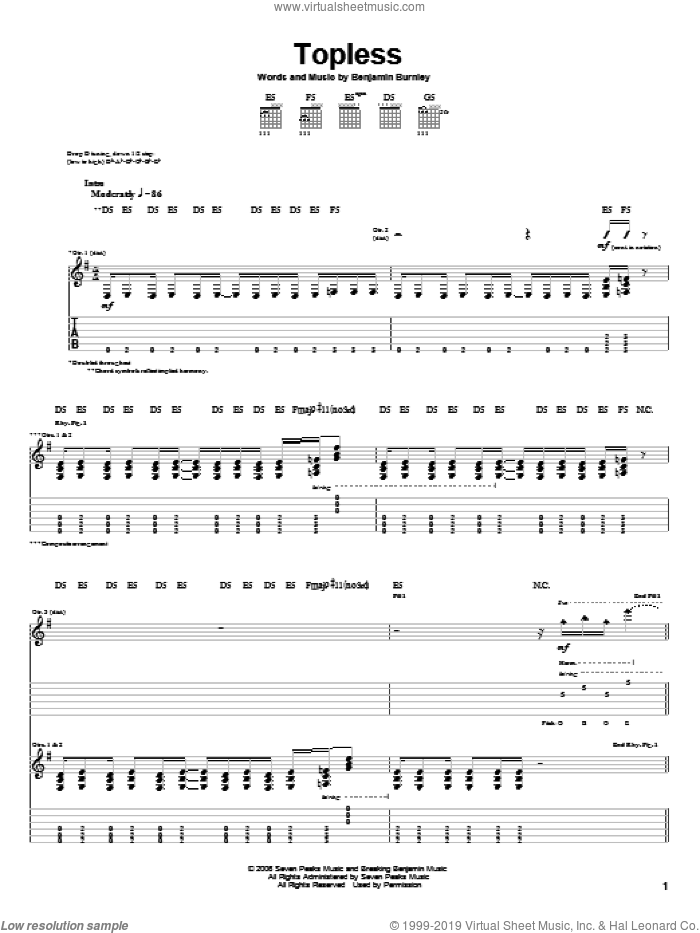 Topless sheet music for guitar (tablature) by Breaking Benjamin and Benjamin Burnley, intermediate skill level