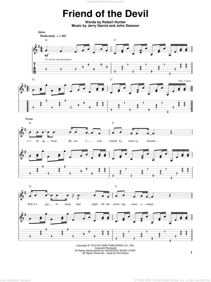 Friend Of The Devil sheet music for guitar (tablature, play-along) by Grateful Dead, Jerry Garcia, John Dawson and Robert Hunter, intermediate skill level