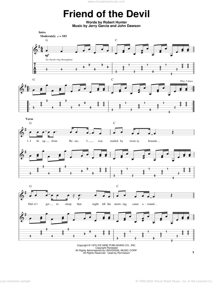 Friend Of The Devil sheet music for guitar (tablature, play-along) by Grateful Dead, Jerry Garcia, John Dawson and Robert Hunter, intermediate skill level