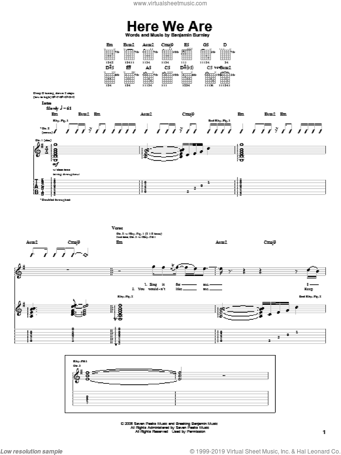 Here We Are sheet music for guitar (tablature) by Breaking Benjamin and Benjamin Burnley, intermediate skill level