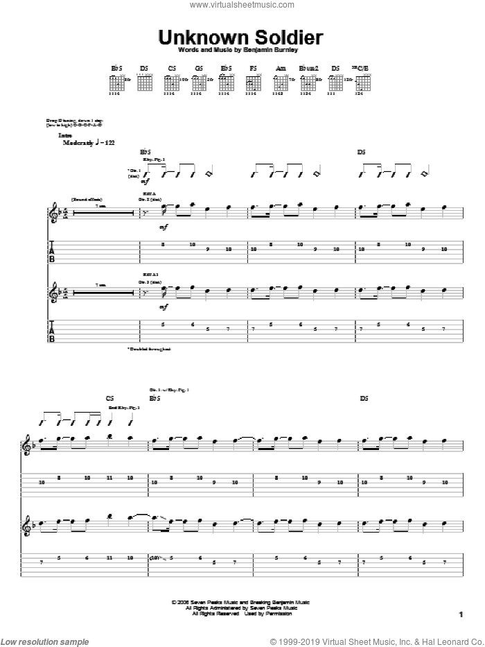 Unknown Soldier sheet music for guitar (tablature) by Breaking Benjamin and Benjamin Burnley, intermediate skill level