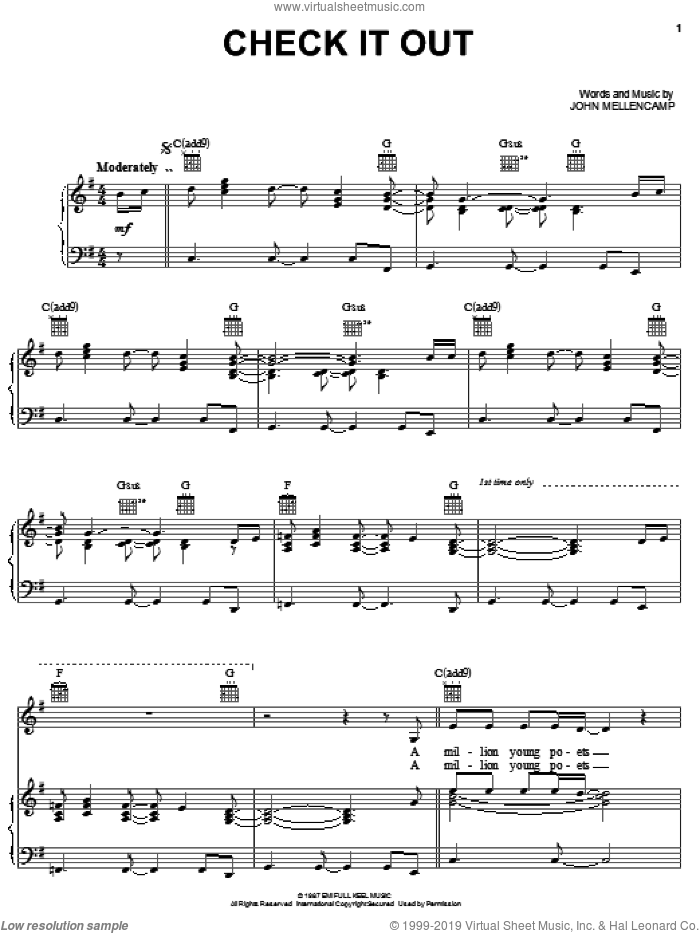 Check It Out sheet music for voice, piano or guitar by John Mellencamp, intermediate skill level