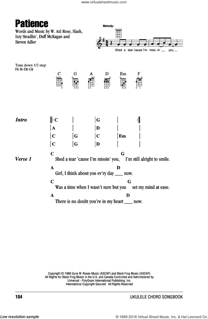 Patience sheet music for ukulele (chords) by Guns N' Roses, Axl Rose, Duff McKagan, Slash and Steven Adler, intermediate skill level