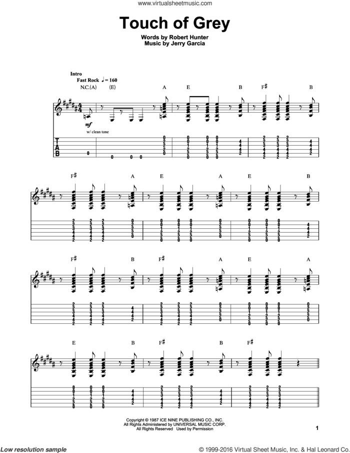 Touch Of Grey sheet music for guitar (tablature, play-along) by Grateful Dead, Jerry Garcia and Robert Hunter, intermediate skill level