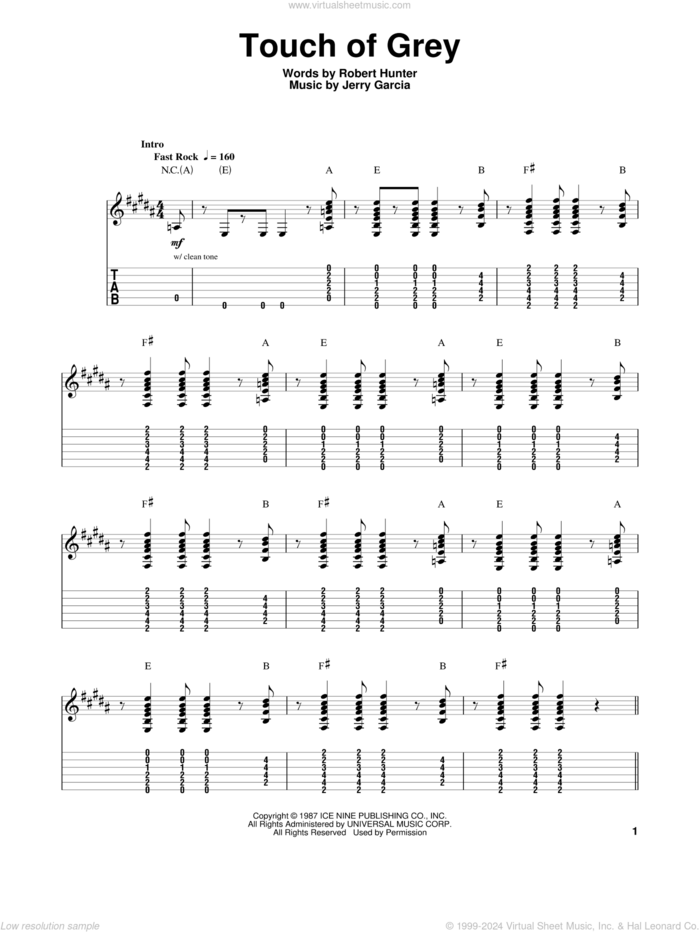 Touch Of Grey sheet music for guitar (tablature, play-along) by Grateful Dead, Jerry Garcia and Robert Hunter, intermediate skill level